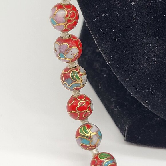 VTG Cloisonne Chinese Beaded Knotted Necklace Red Gold Floral - Picture 3 of 7